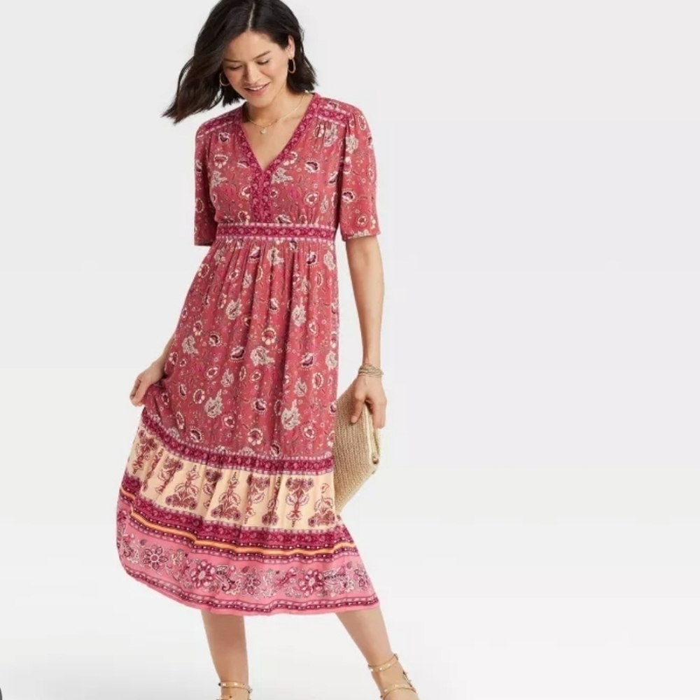 Knox Rose Floral Pleated Short Sleeve V-Neck Cottagecore Midi Dress, Size XS